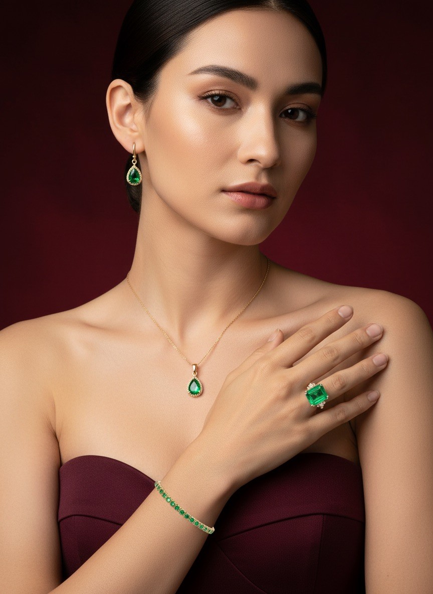 Completed set: necklace, earrings, ring and bracelet