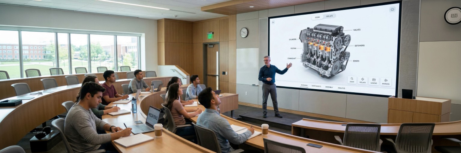3D interactive digital twin educational app — professor presenting a labelled 3D car engine model to university students in a modern lecture hall — Penguincil Design