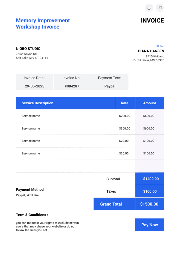 Memory Improvement Workshop Invoice