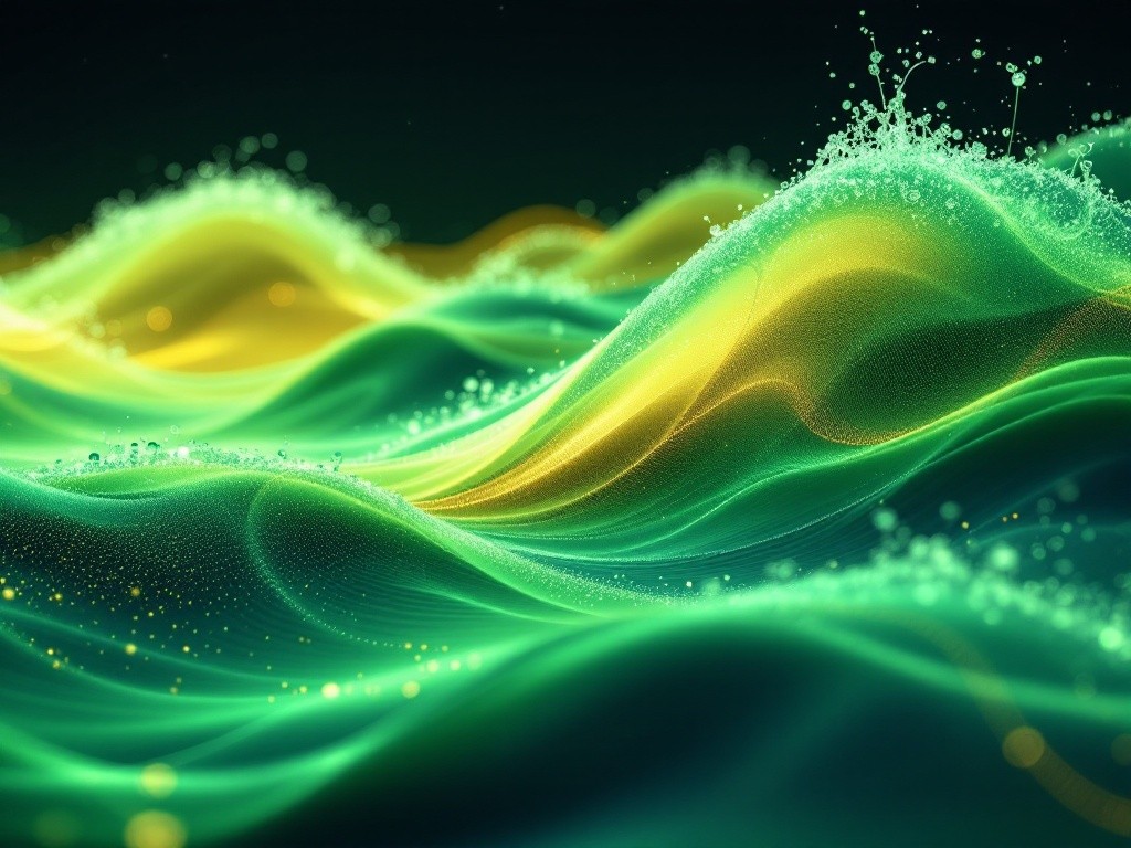 Abstract green and yellow waves with glowing particles