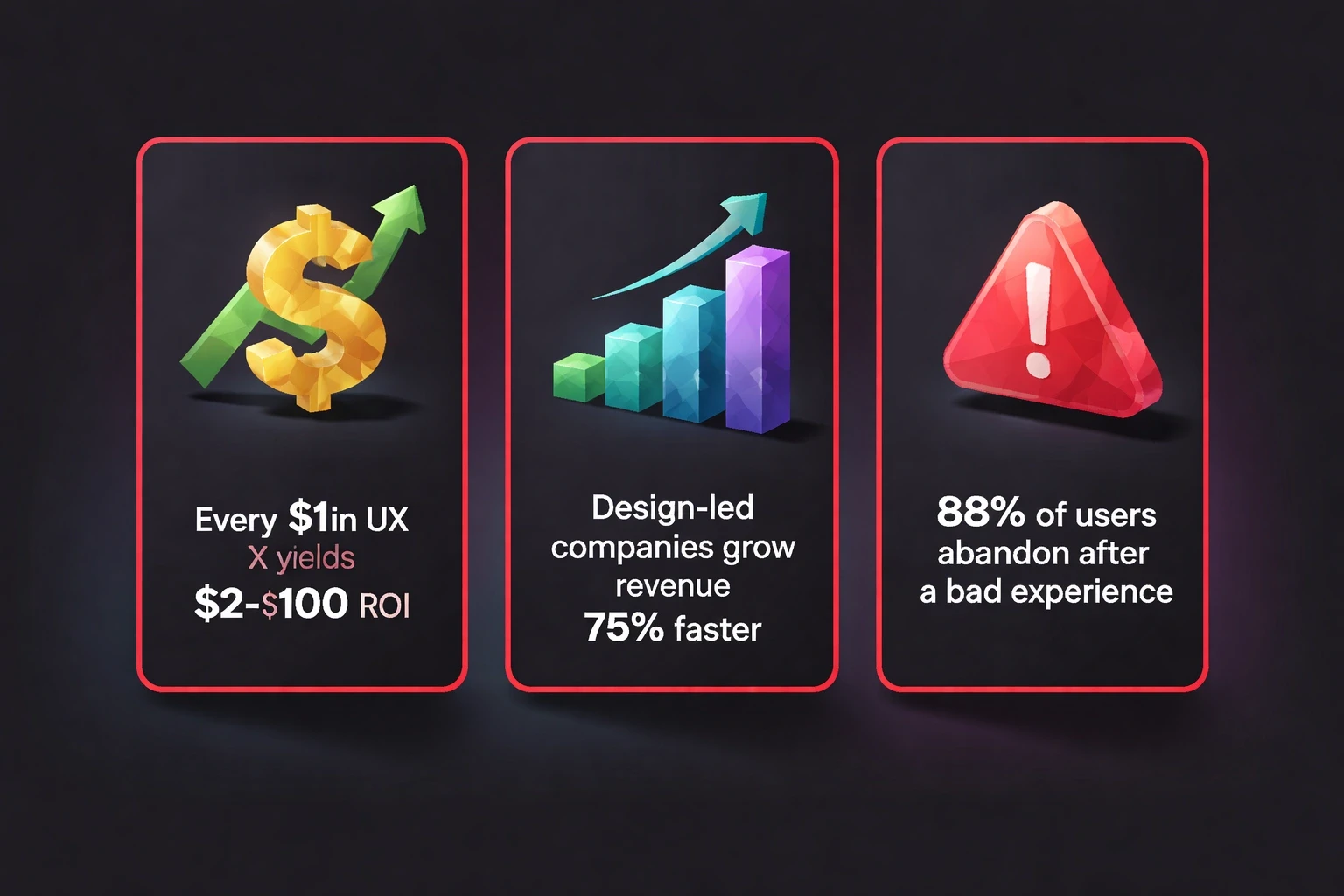 Low‑poly isometric infographic with three vertical statistic cards on a dark background