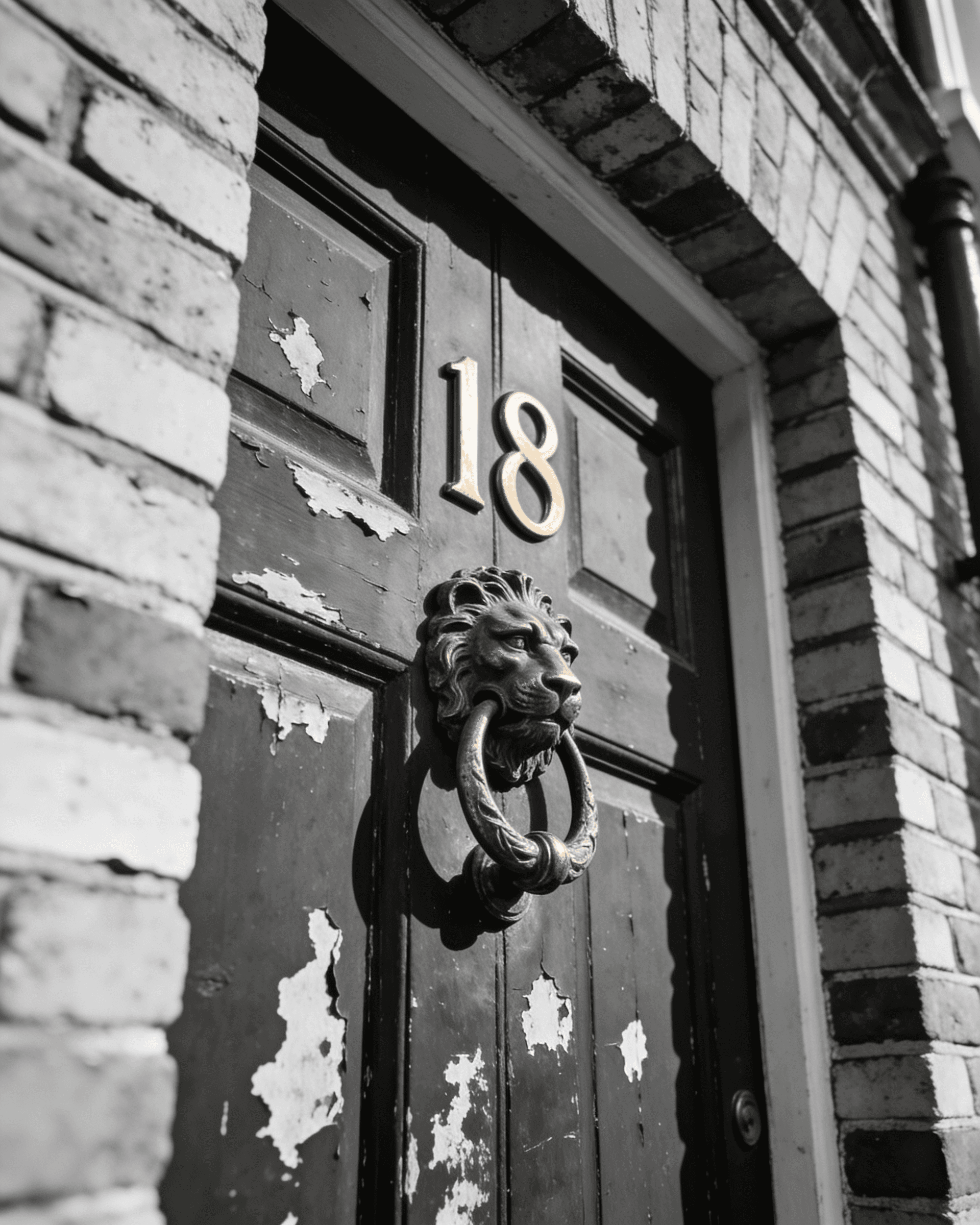 A rustic black door with a brass lion-head knocker and gold number 18, surrounded by a textured brick wall.