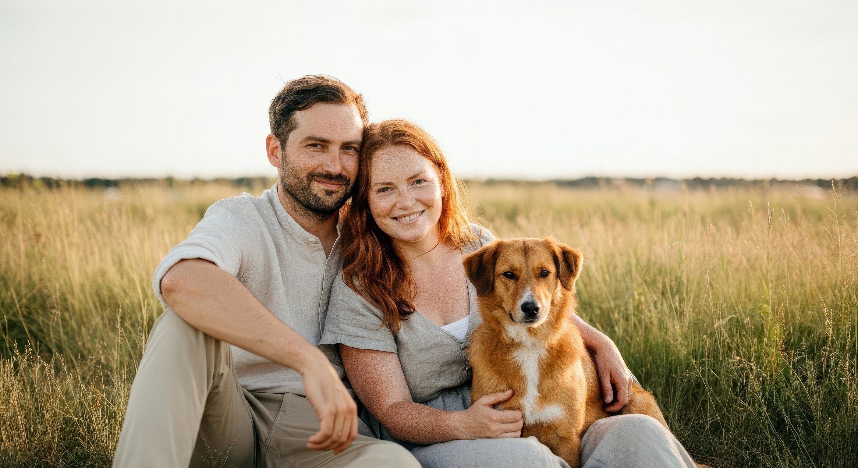 Couple portrait with dog on field