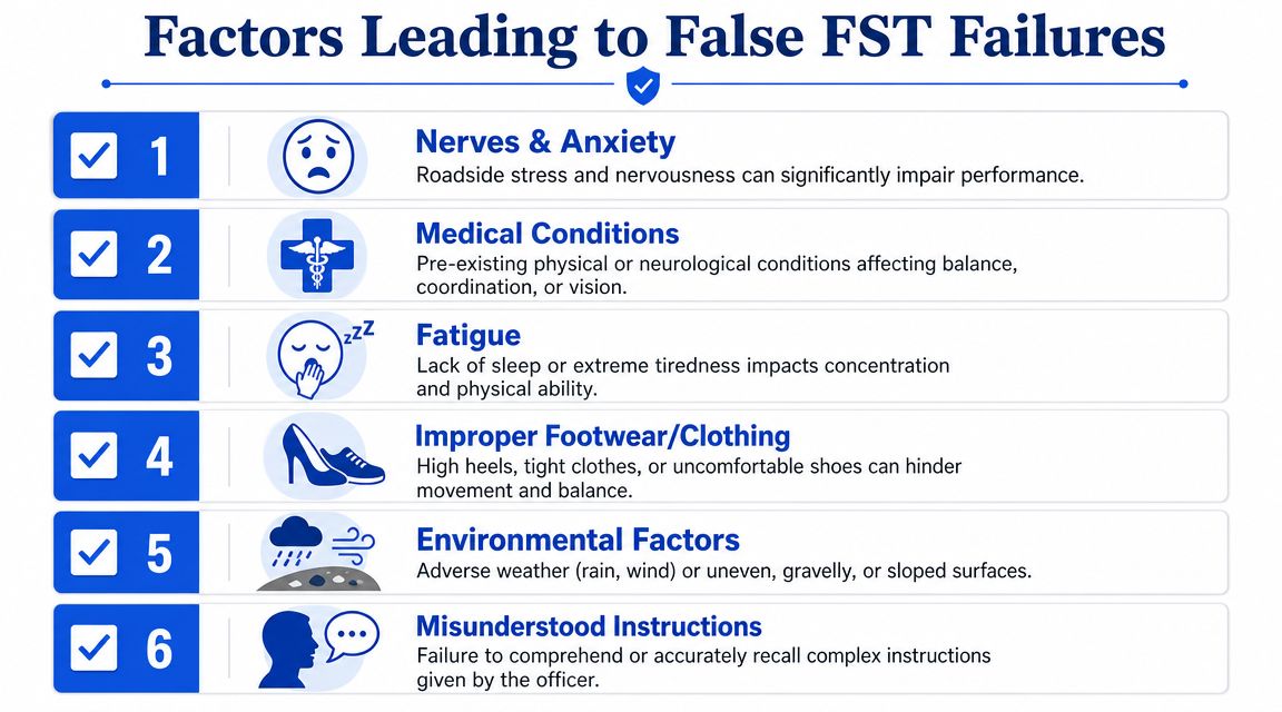 A list of six common factors that can lead to false field sobriety test failures during stops.