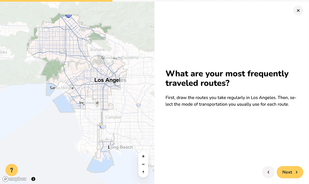 Kartenbasierte Umfragefrage, bei der Bürger:innen ihre häufigsten Routen in Los Angeles einzeichnen und ihr Verkehrsmittel angeben
