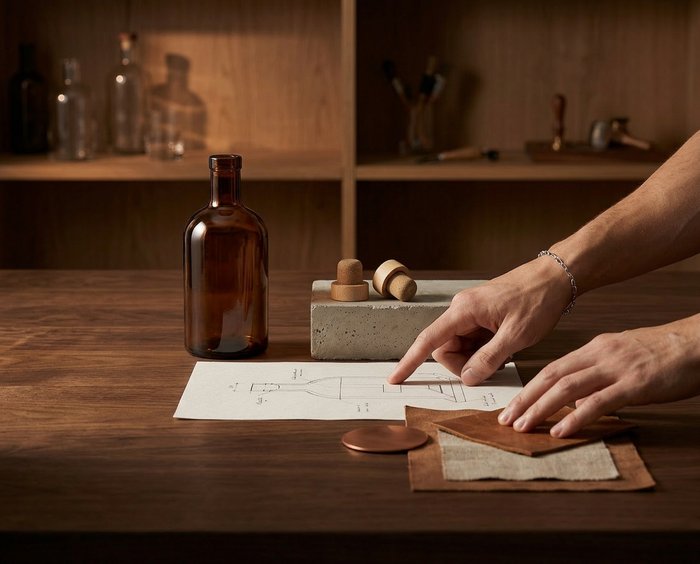 Premium spirits packaging with a bottle, cork stoppers, and a glass of whisky on a wooden surface.