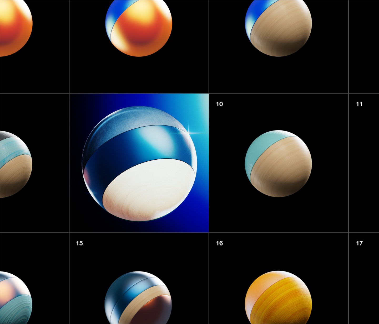 A collection of spherical images representing various rolling balls, with one prominently featuring blue and white colors.