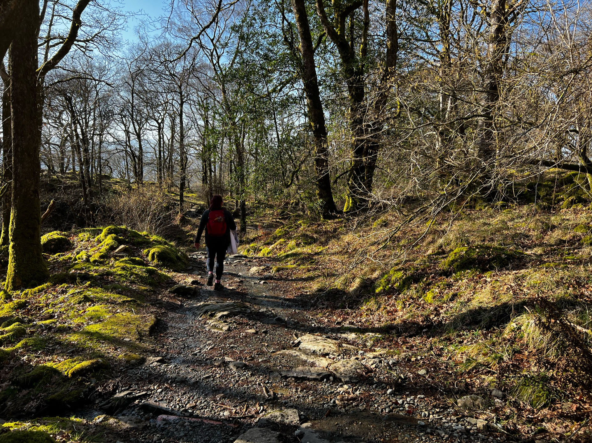 April is seen with her red backpack on walking on a gravel path through the forest. The afternoon sun is casting long shadows across the path from the trees.