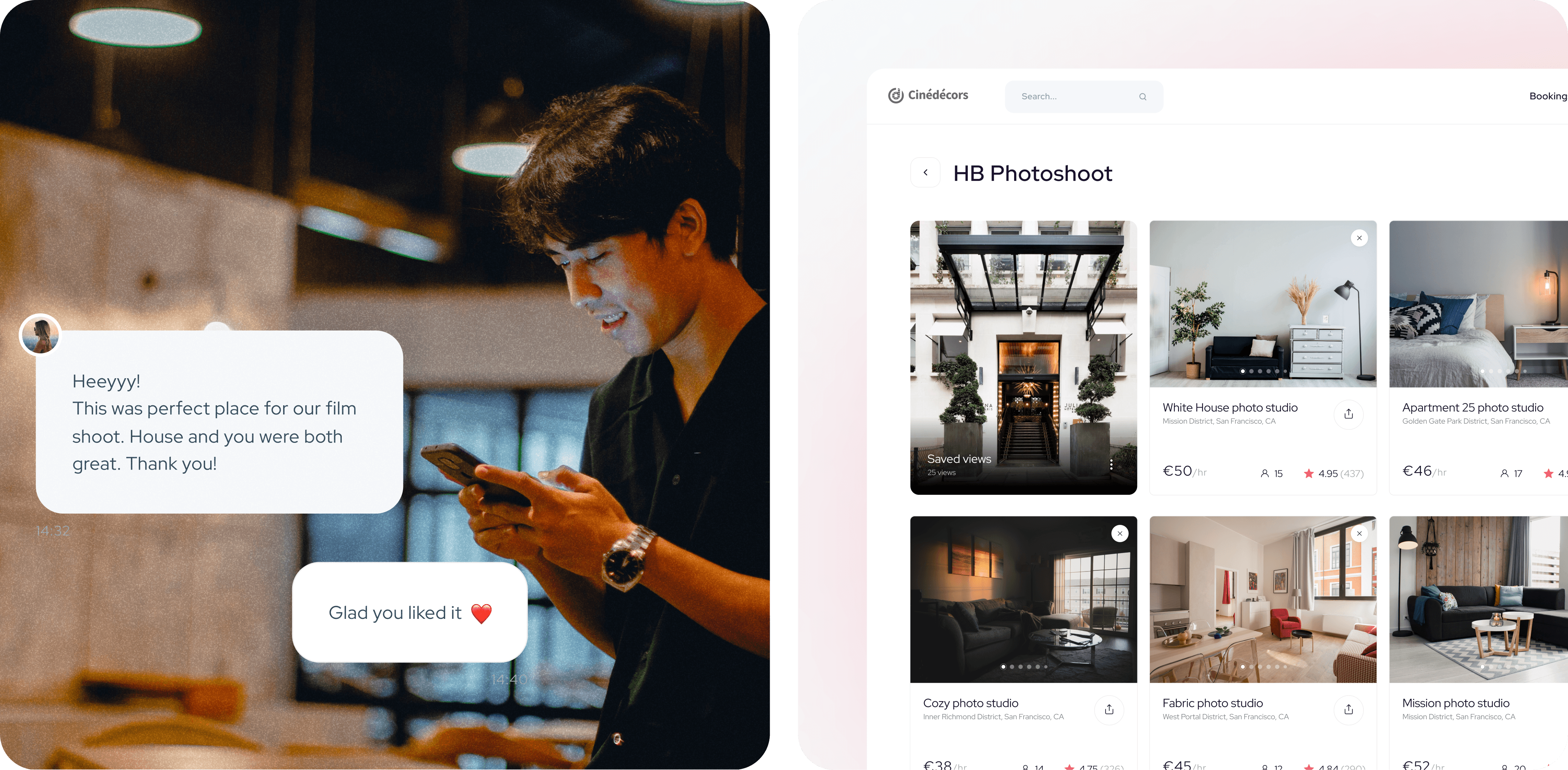 A man in a dark shirt stands indoors, looking at his phone and smiling. On the left side of the image, there are two chat bubbles overlayed on the photo. The first message reads: 'Heyyy! This was perfect place for our film shoot. House and you were both great. Thank you!' The second message, which appears to be his response, reads: 'Glad you liked it ❤️'. The background features a dimly lit interior with hanging lights and blurred furniture, creating a cozy atmosphere.