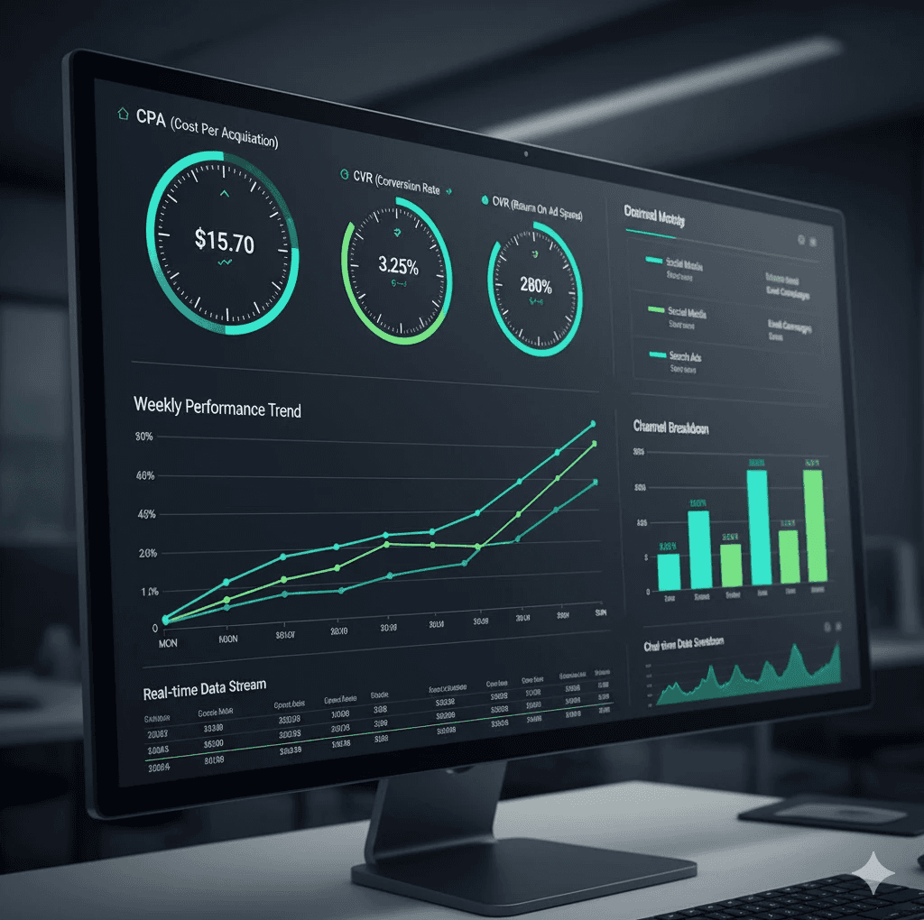 Illustration of a digital marketing KPI dashboard. A free specialist tool by Mahendra R for auditing ROAS, CPA, and CVR.