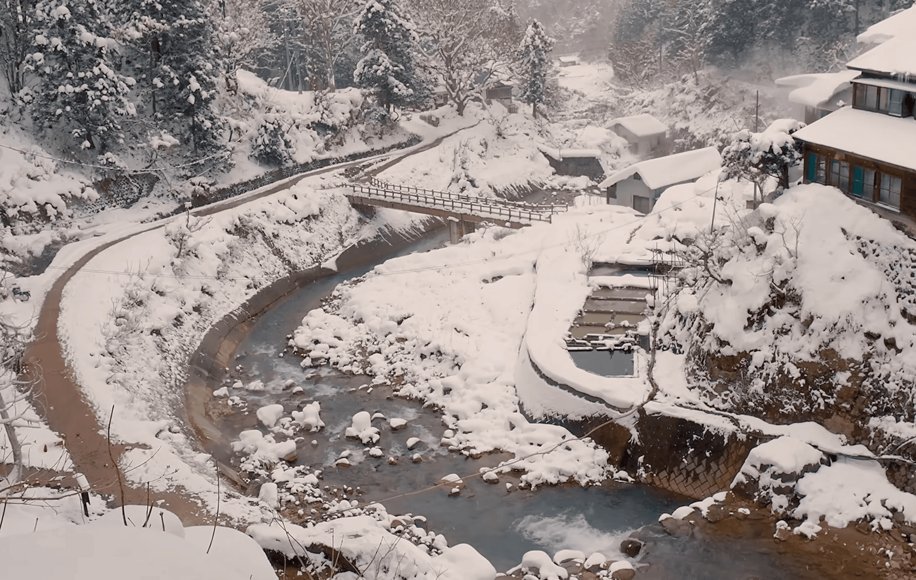 Aerial view of Jigokudani Monkey Park in winter, with snow-covered trees, a winding river, and the outdoor hot spring pool