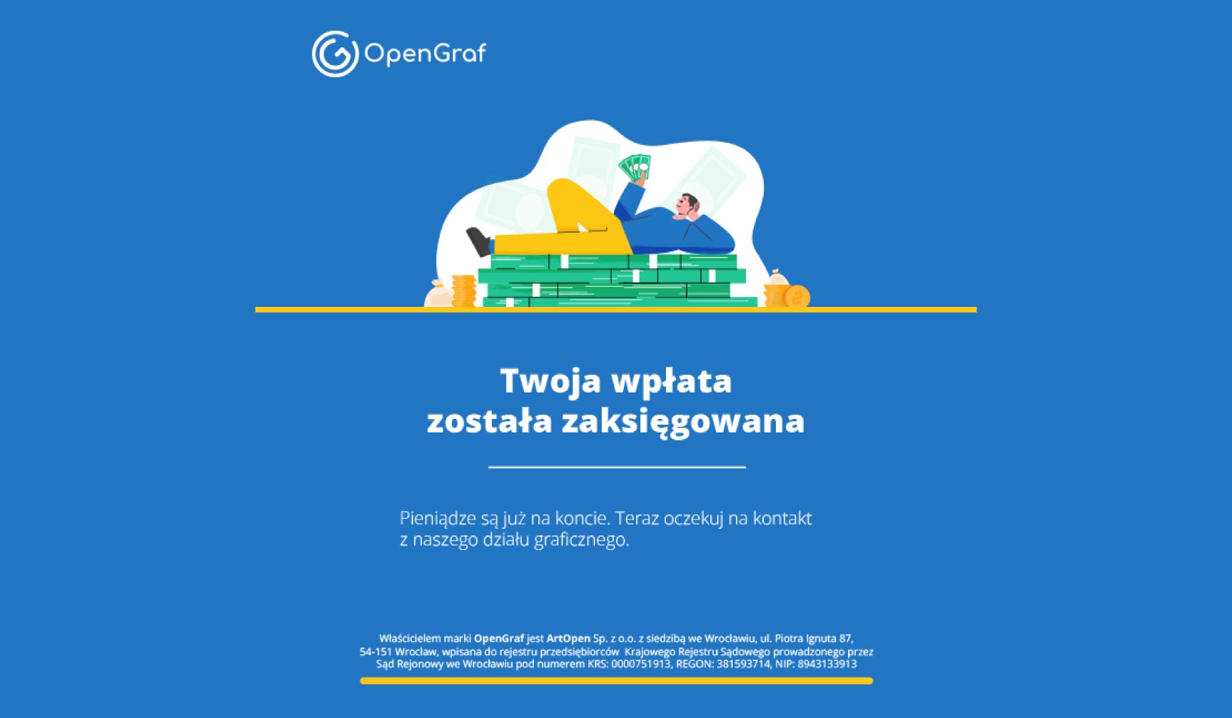 Projekt ekranu sukcesu (Success State) w aplikacji webowej – komunikat o zaksięgowaniu wpłaty z autorską ilustracją wektorową.