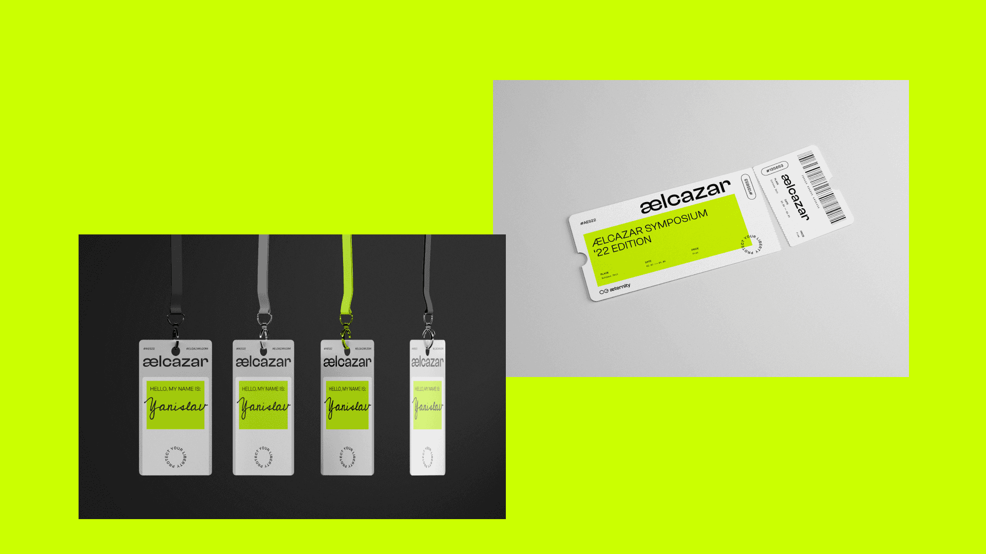 AELCAZAR symposium collateral on lime green: four lanyard badges and a perforated event ticket