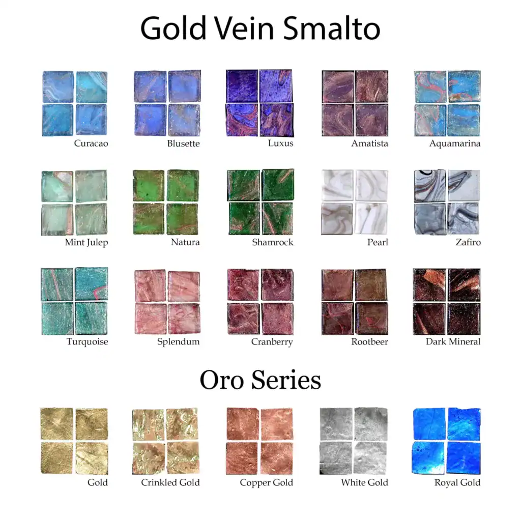 Gold Vein Smalto and Oro Series glass tile color chart, twenty colors, Mosaiclegs Art Studio