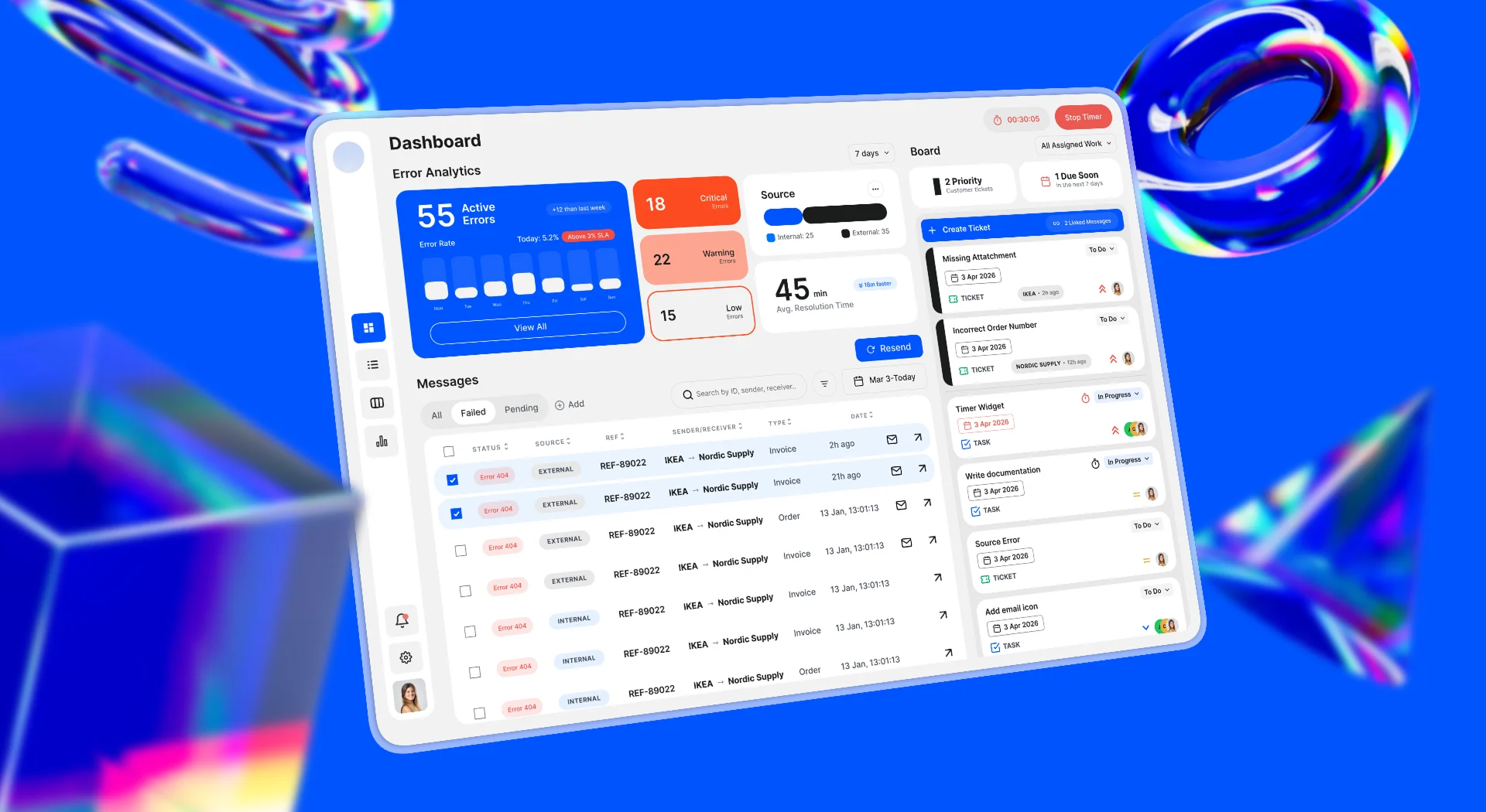 A high-fidelity mockup of the EDI Command Center dashboard displayed on a laptop screen against a blue gradient background. The interface shows a data-dense layout organized into clear functional zones for analytics, message tracking, and task management.