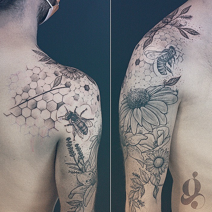 Fleurs & Abeilles - Sketch, Floral & Botanique, Animaux par Julien Joolz à Grinoir Tattoo