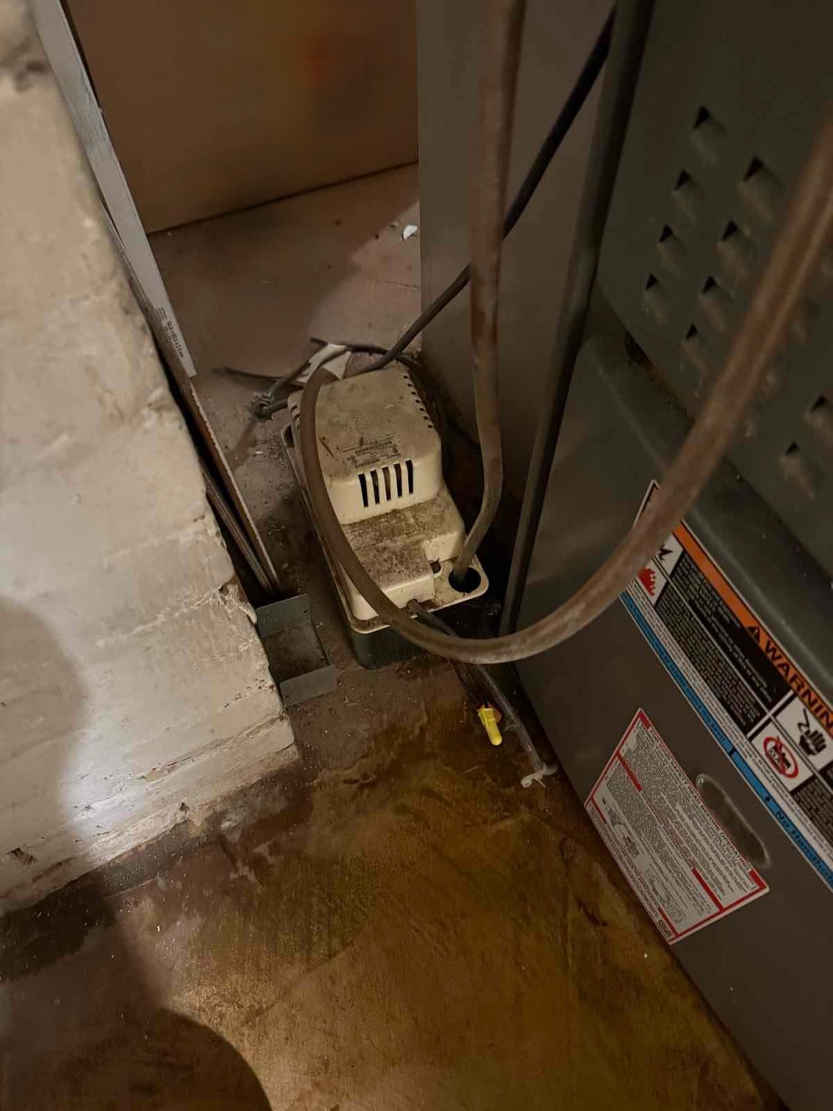 A condensate pump on a basement floor beside a furnace, with water staining on the concrete around it.