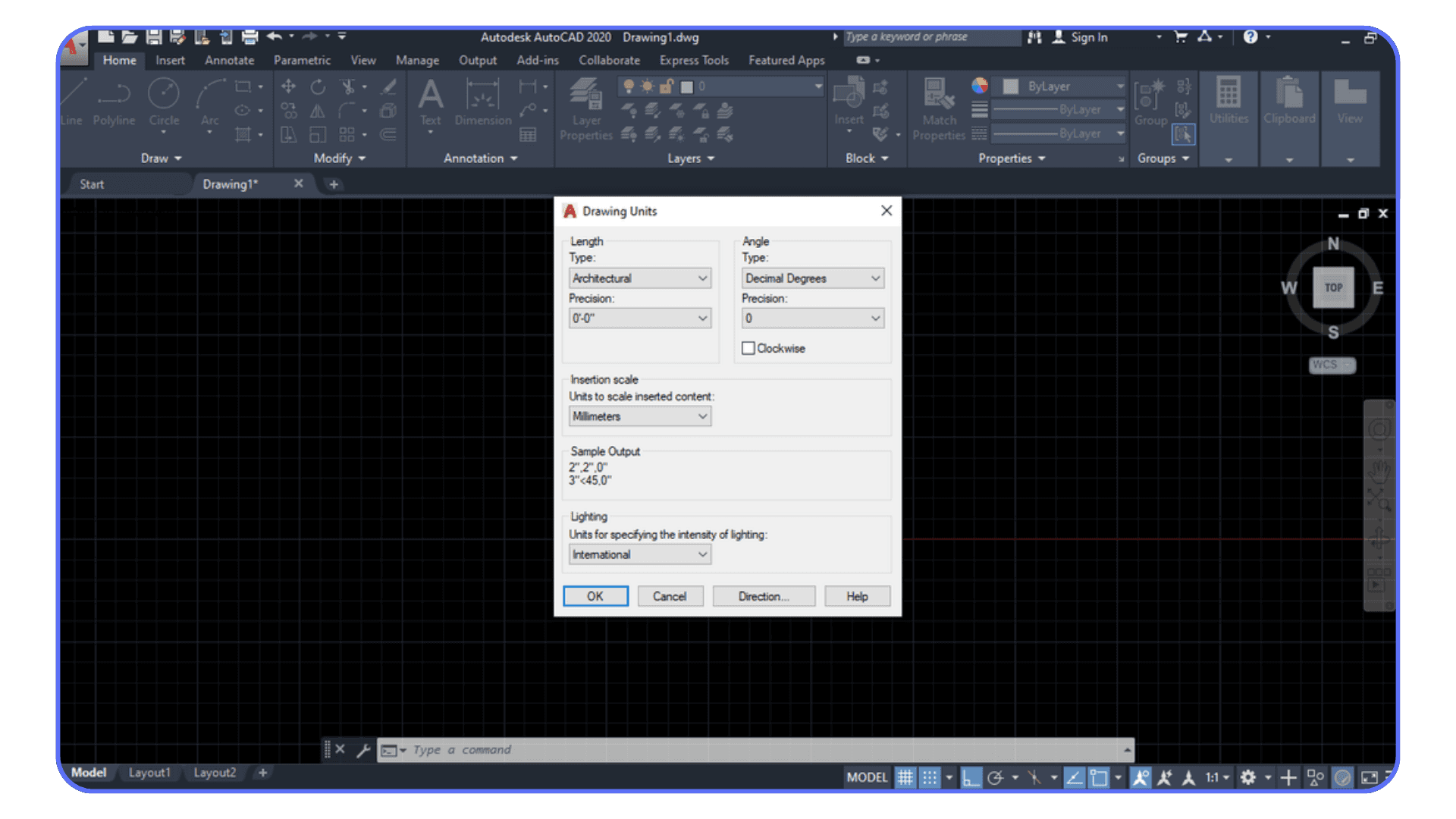 AutoCAD Drawing Units window open, showing settings for length type, angle type, and insertion scale.
