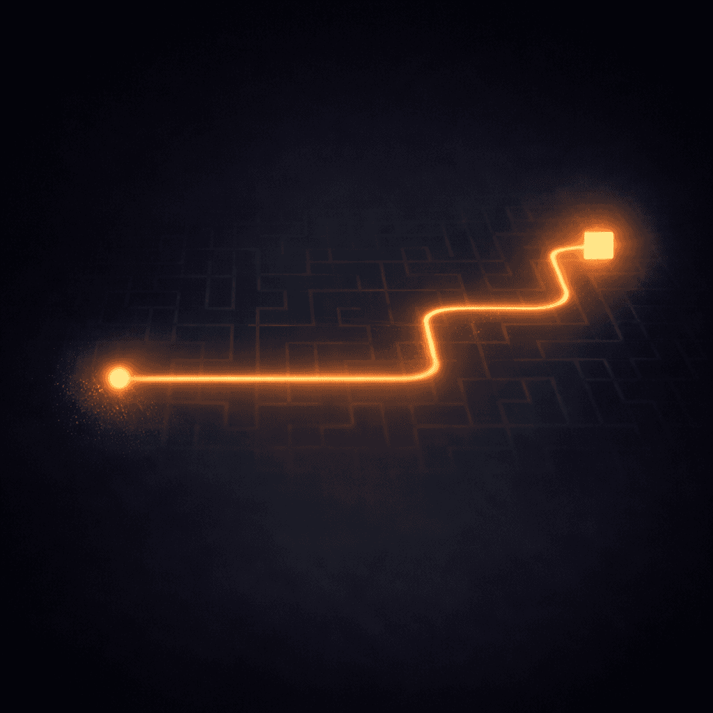 A dark, maze-like background with a glowing orange path that starts as a bright dot on the left, runs straight, then zigzags upward to a glowing square destination on the right.