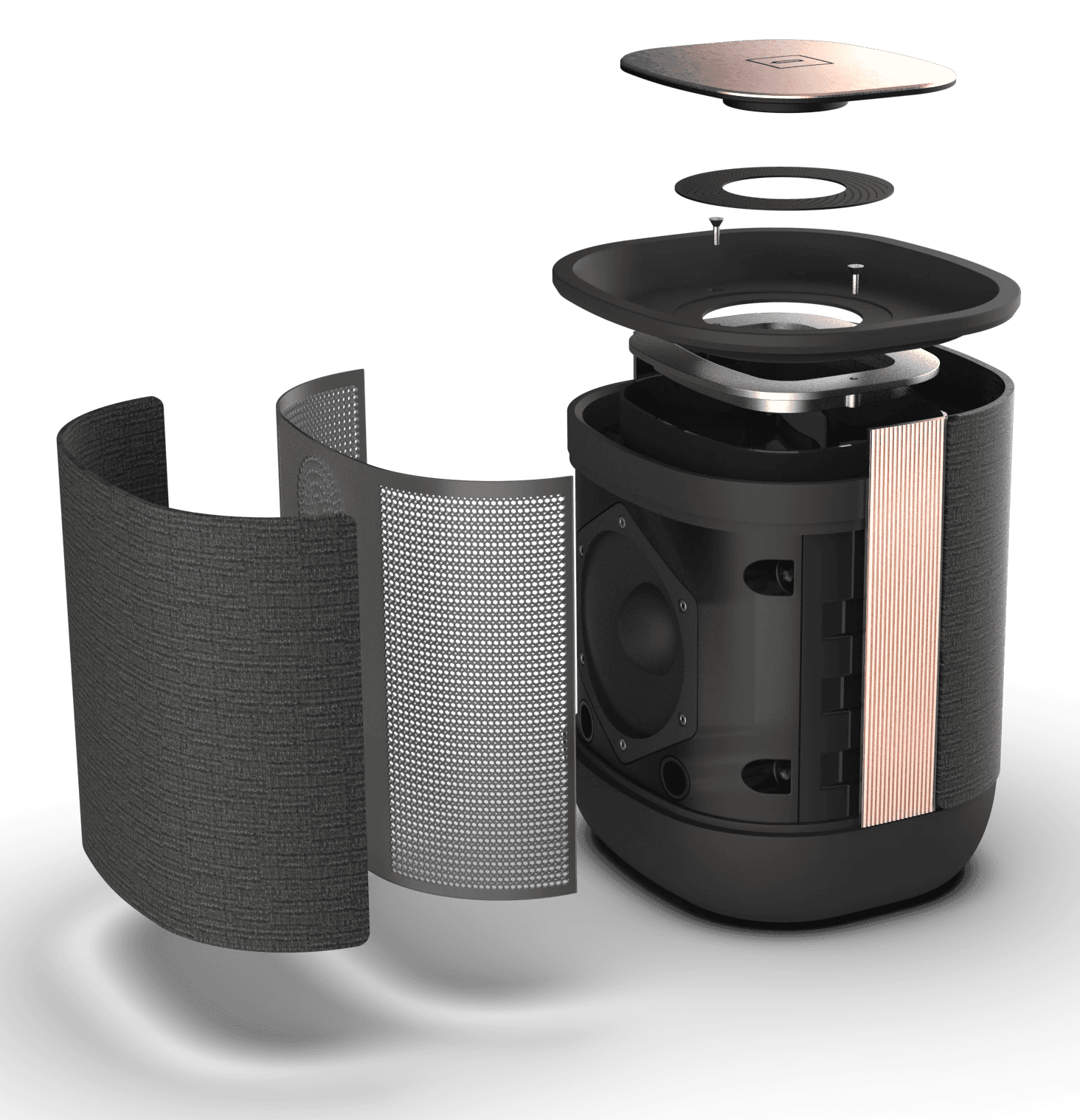 An exploded view of a speaker showing the internal components.