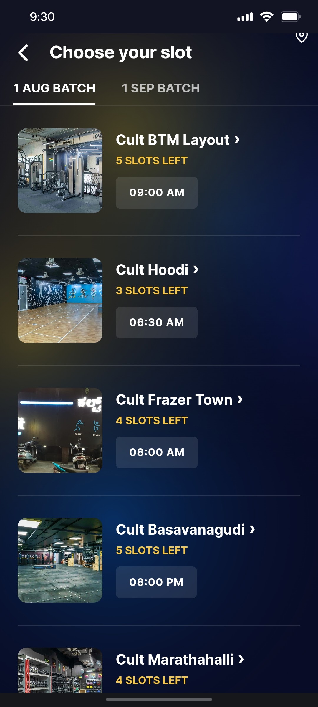 Cult.fit App Choose your slot Screen