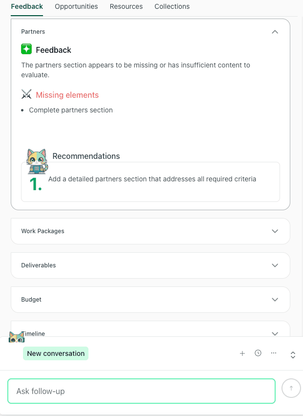 thesify feedback for the "Partners" section, flagging it as missing or insufficient and recommending a detailed addition.