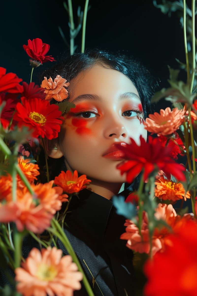 A striking portrait of a woman with flowers against a bold red background, blending vibrant colors and soft, natural beauty.  A striking portrait of a woman with flowers against a bold red background, blending vibrant colors and soft, natural beauty.