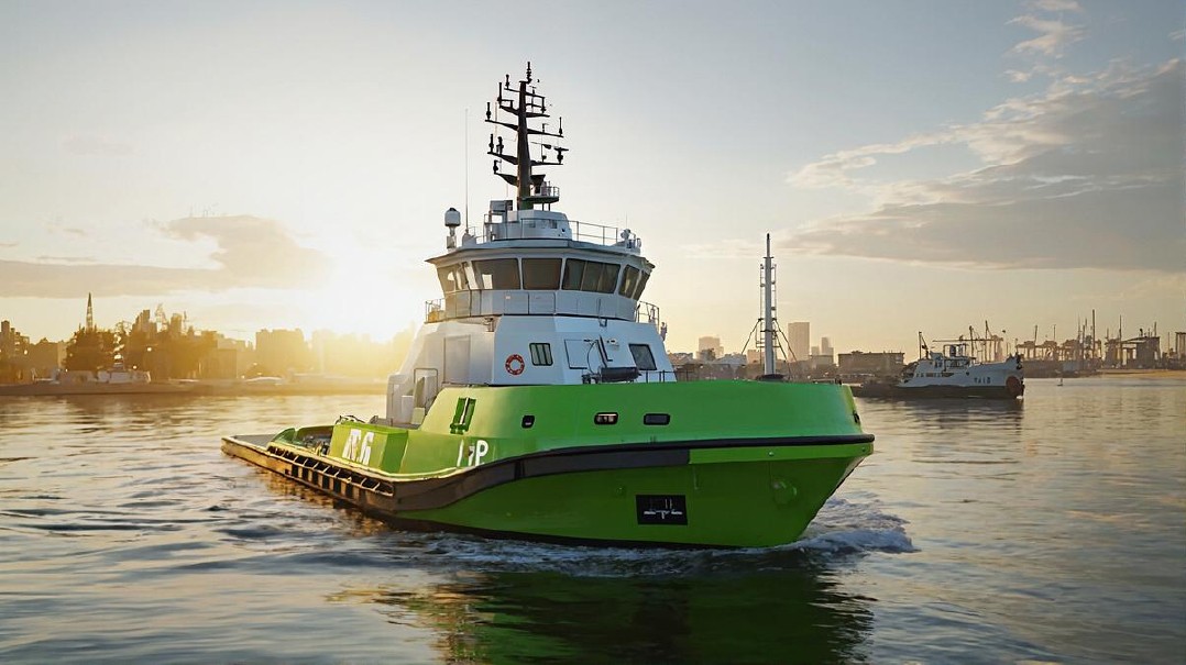 Artist rendering of electric tugboat to be built by Japanese shipyard Keihin Dock Co., Ltd. for Nippon Yusen Kabushiki Kaisha (NYK Line), which will use a Corvus Energy battery system.