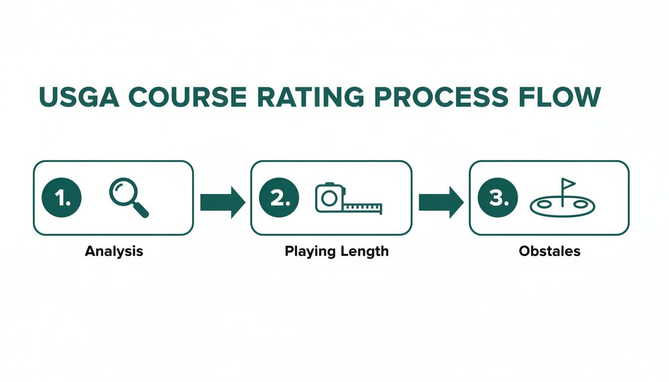 Flowchart outlining the USGA golf course rating process: analysis, playing length, and obstacles.