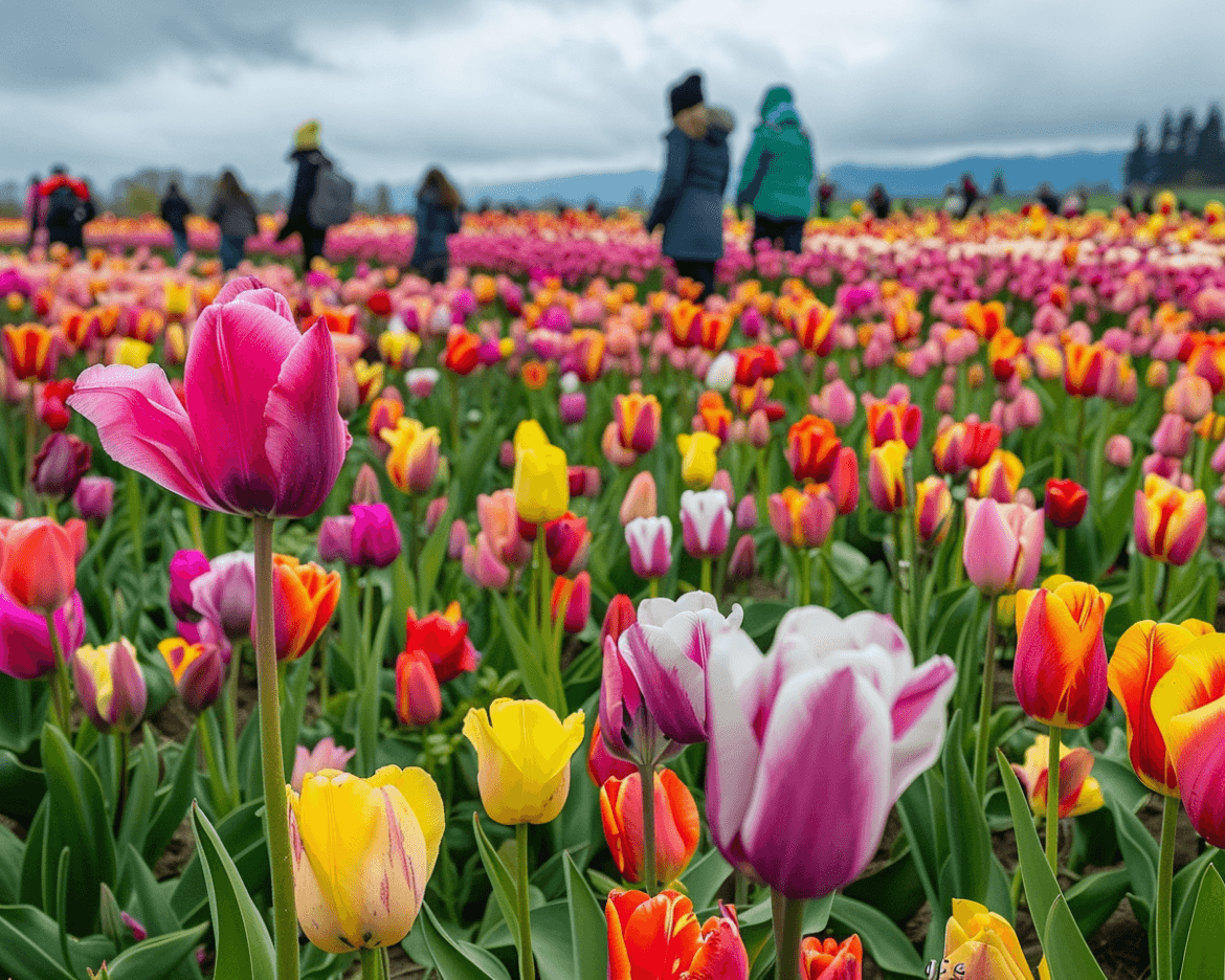 A vibrant field of multicolored tulips in full bloom, with people walking in the background on a cloudy day, creating a picturesque and lively scene.