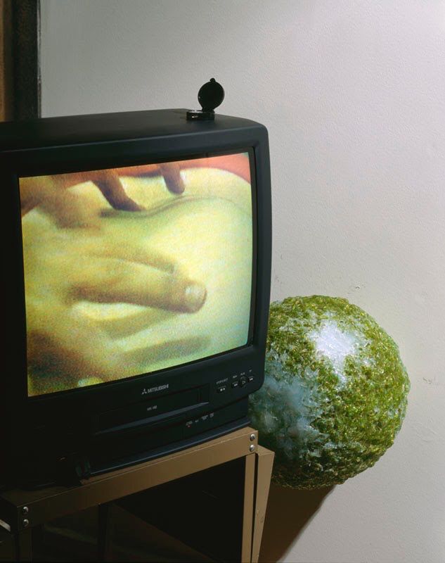 Mixed media video art installation featuring a retro CRT television next to a textured, spherical green and white sculpture.