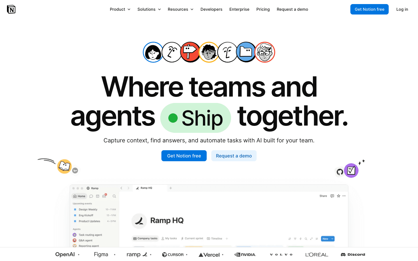Notion homepage showing AI-powered team workspace