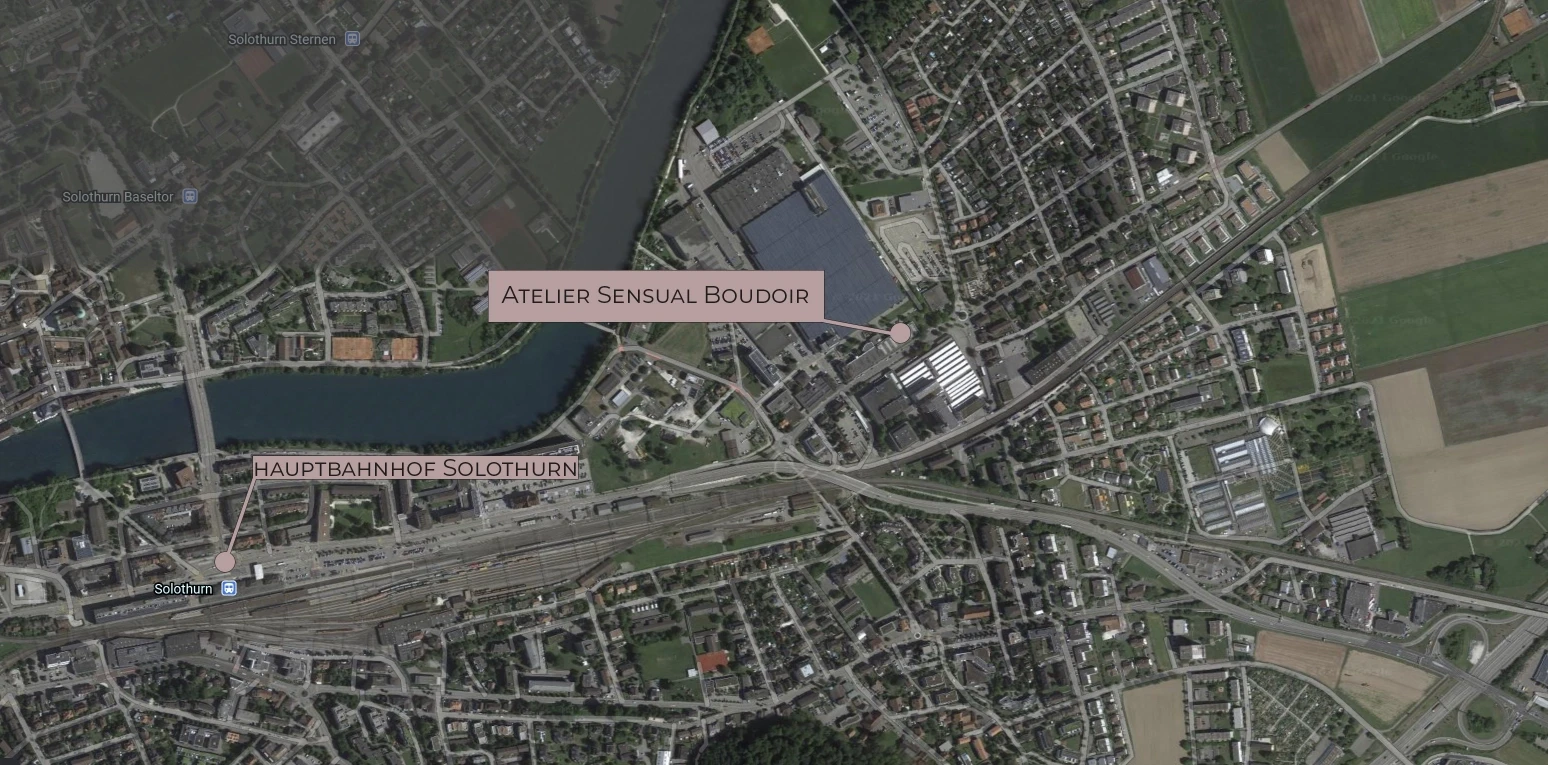 Map of Solothurn showing Atelier Sensual Boudoir and railway station locations.
