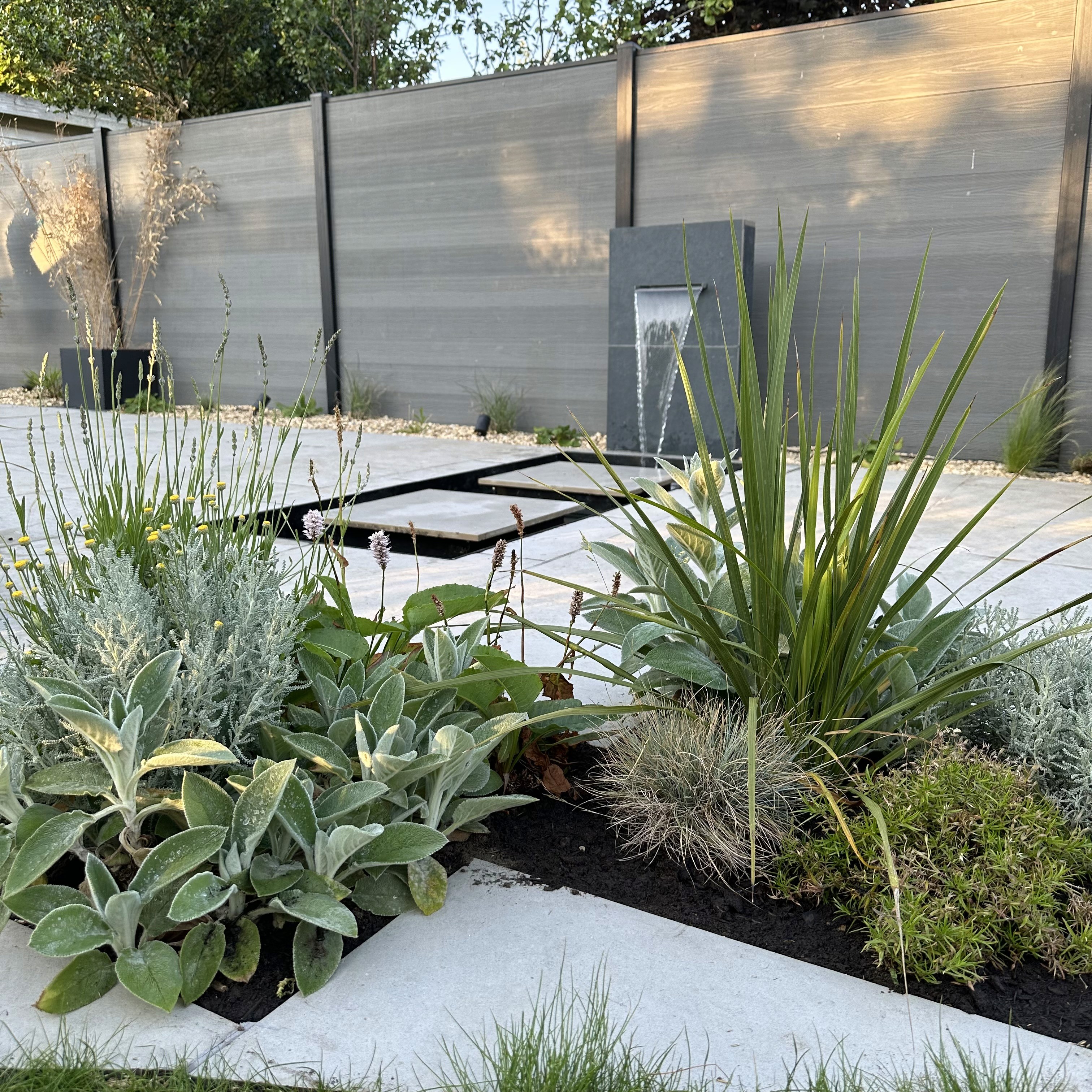 A landscaped garden featuring various plants and a modern stone pathway, with a backdrop of a stylish fence.