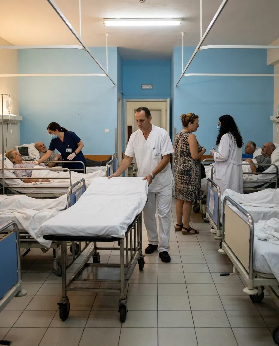 Hospital interior in Greece with patients receiving care.