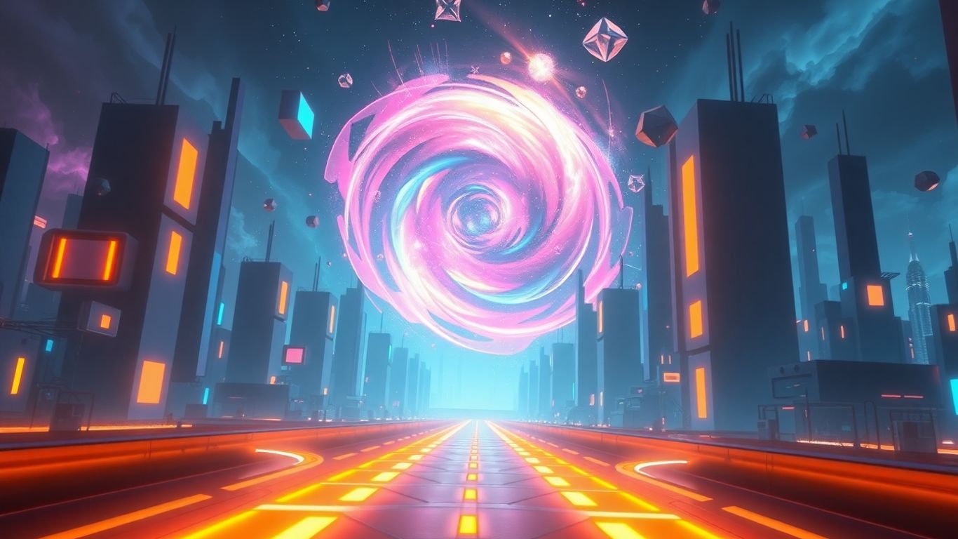 Futuristic cityscape with glowing pathways and nebula.