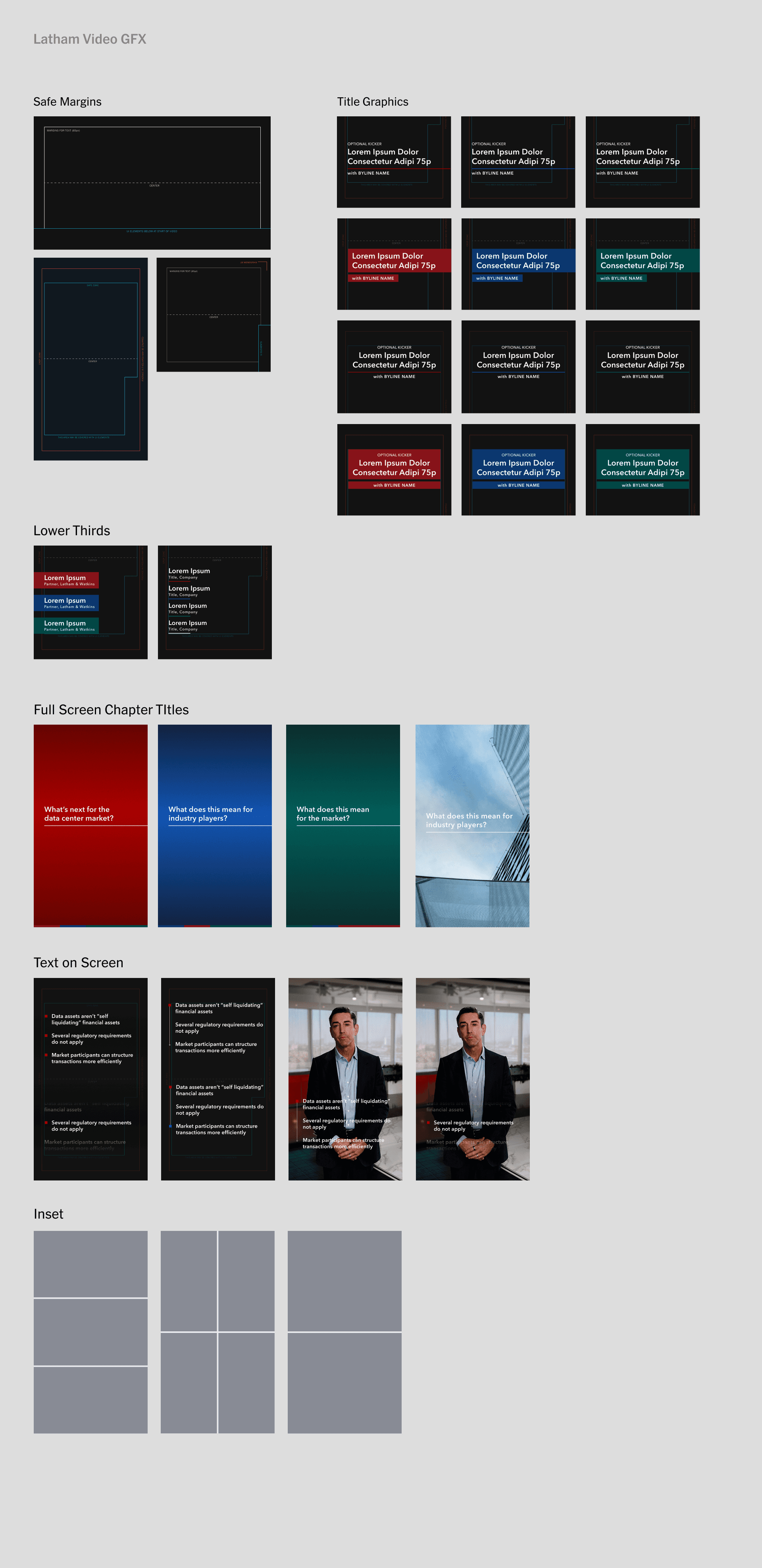 Latham video graphics package showing safe margins, title graphics, lower thirds, full-screen chapter titles, on-screen text and inset layouts