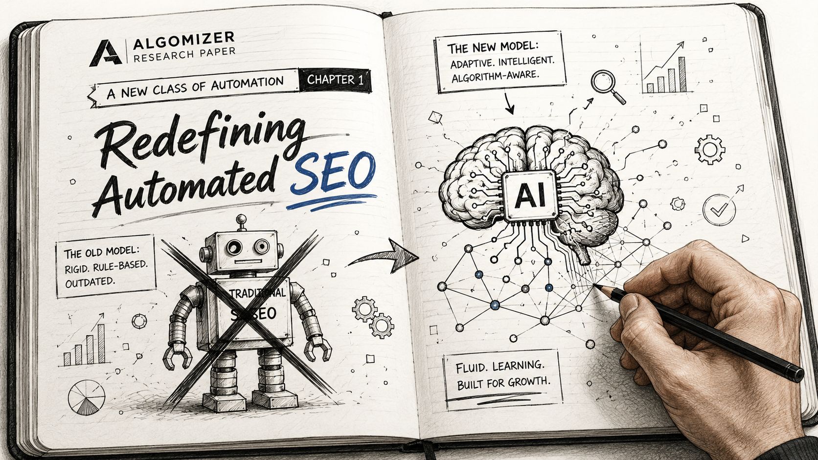 A hand-drawn sketch in a notebook comparing rigid traditional SEO robots with a modern fluid AI brain.