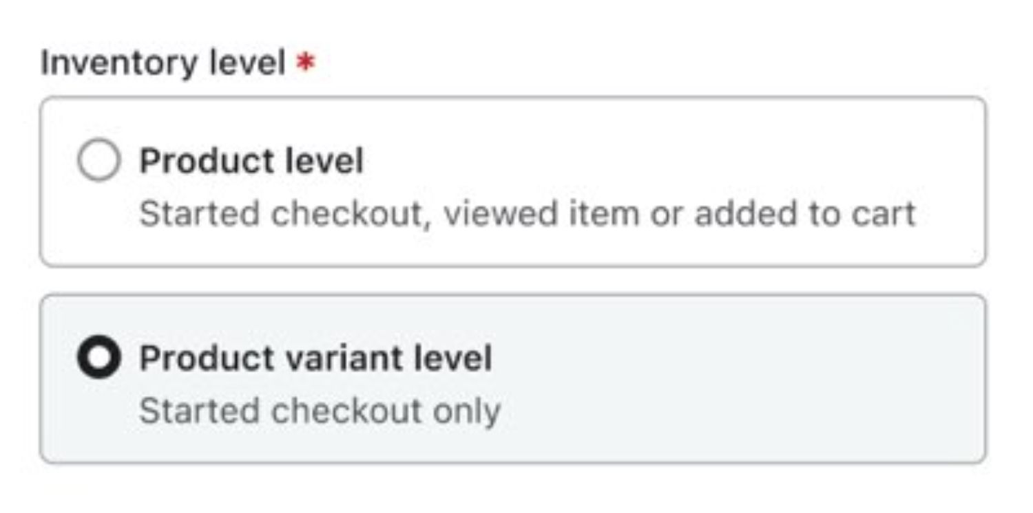 2 Low Inventory Triggers.jpg: "Klaviyo low inventory trigger settings with options for product level and product variant level selection."