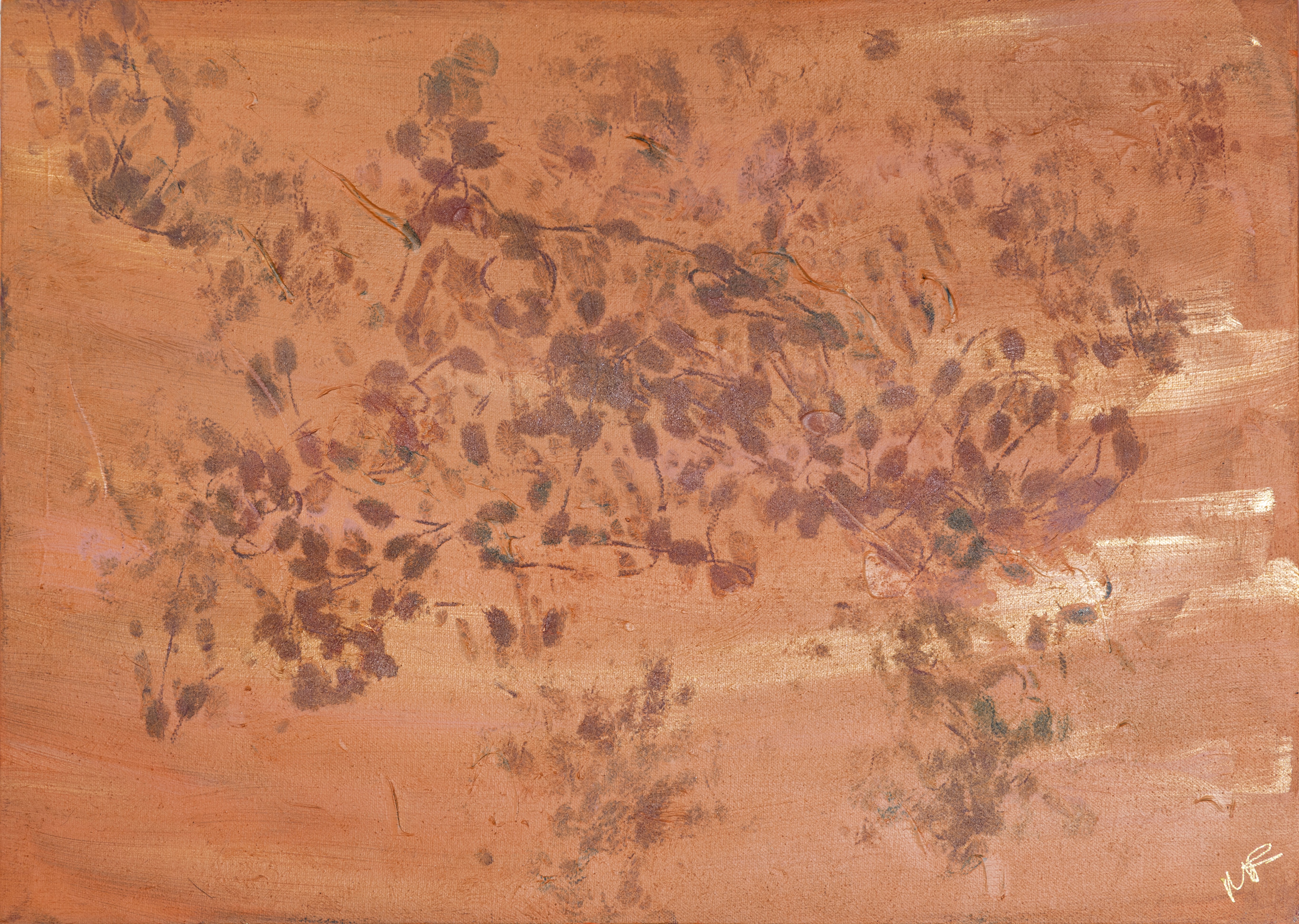 Pittura materica astratta sui colori dell'arancione tenue e piccole pennellate a rappresentare una sagoma vegetale di foglie sparse , acrilico su tela, L'Ultimo Ottobre
