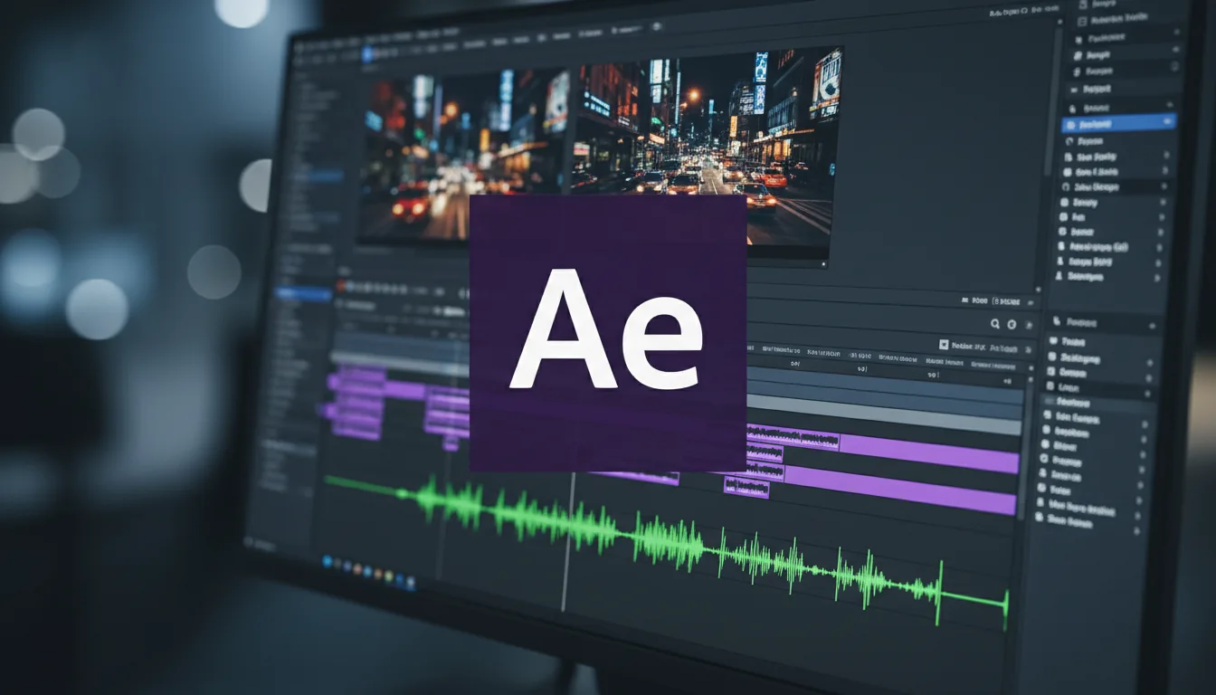 A close-up, angled DSLR photograph of a computer screen displaying the Adobe After Effects user interface in modern dark mode. The software shows a video editing timeline with green audio waveforms and video preview windows with city street footage. A large, deep purple 'Ae' application icon is centered over the interface. The photo has a cinematic quality with cool-toned lighting emitted from the screen and an extremely shallow depth of field that creates a soft bokeh blur on the background UI elements.
