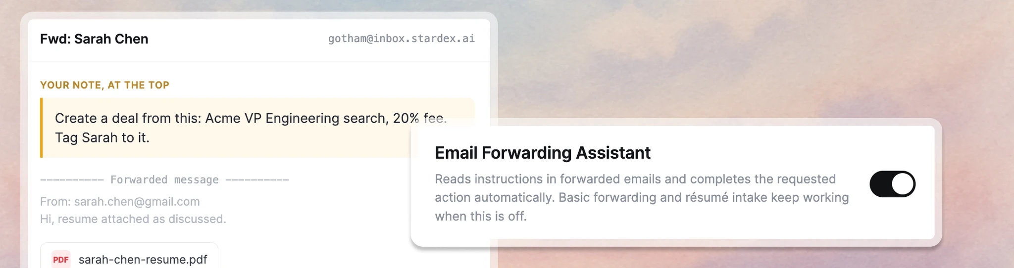 Stardex AI ATS Feature | Email forwarding assistant 