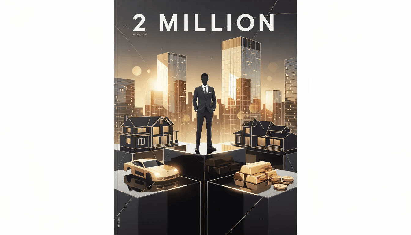 An illustration showing the concept of a 2 million net worth benchmark with a visual representation of wealth.