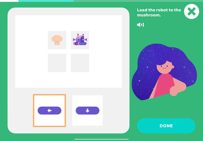 Simple programs: choose a command to lead the robot to the mushroom