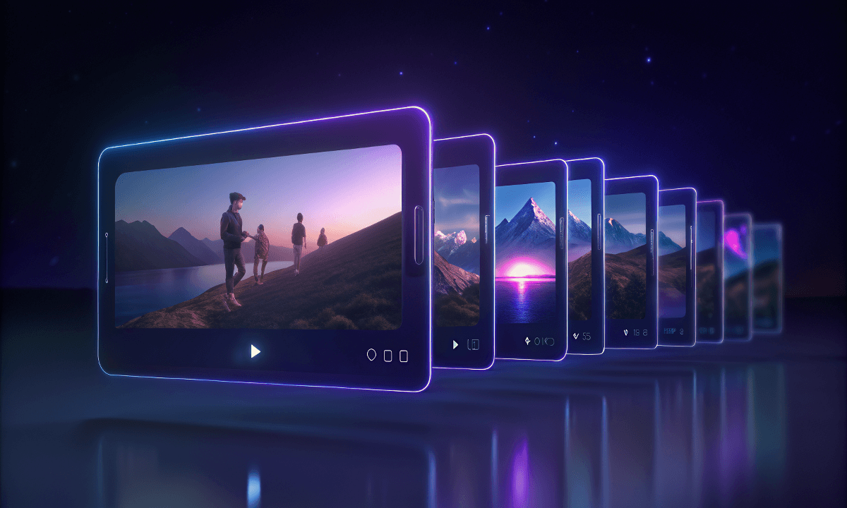 A stack of screens showing different video clips, representing one video being turned into many pieces of content for creators.