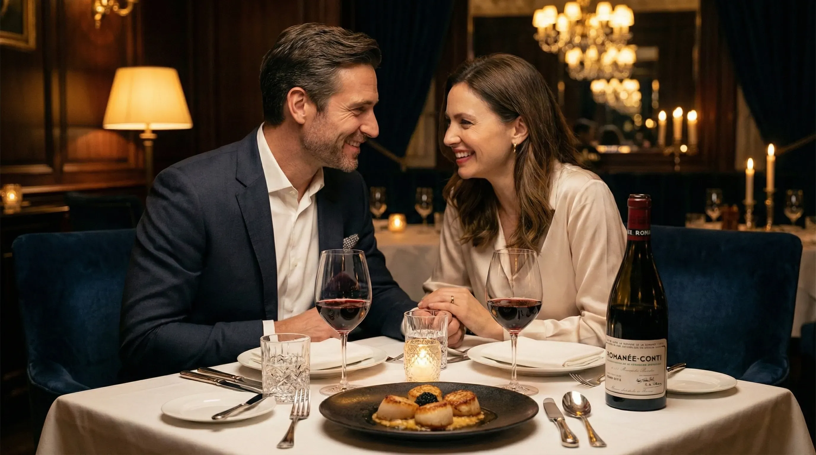 A couple sits at an elegant candlelit dinner, smiling warmly at each other. Glasses of red wine and a gourmet dish are on the table, creating a romantic ambiance.