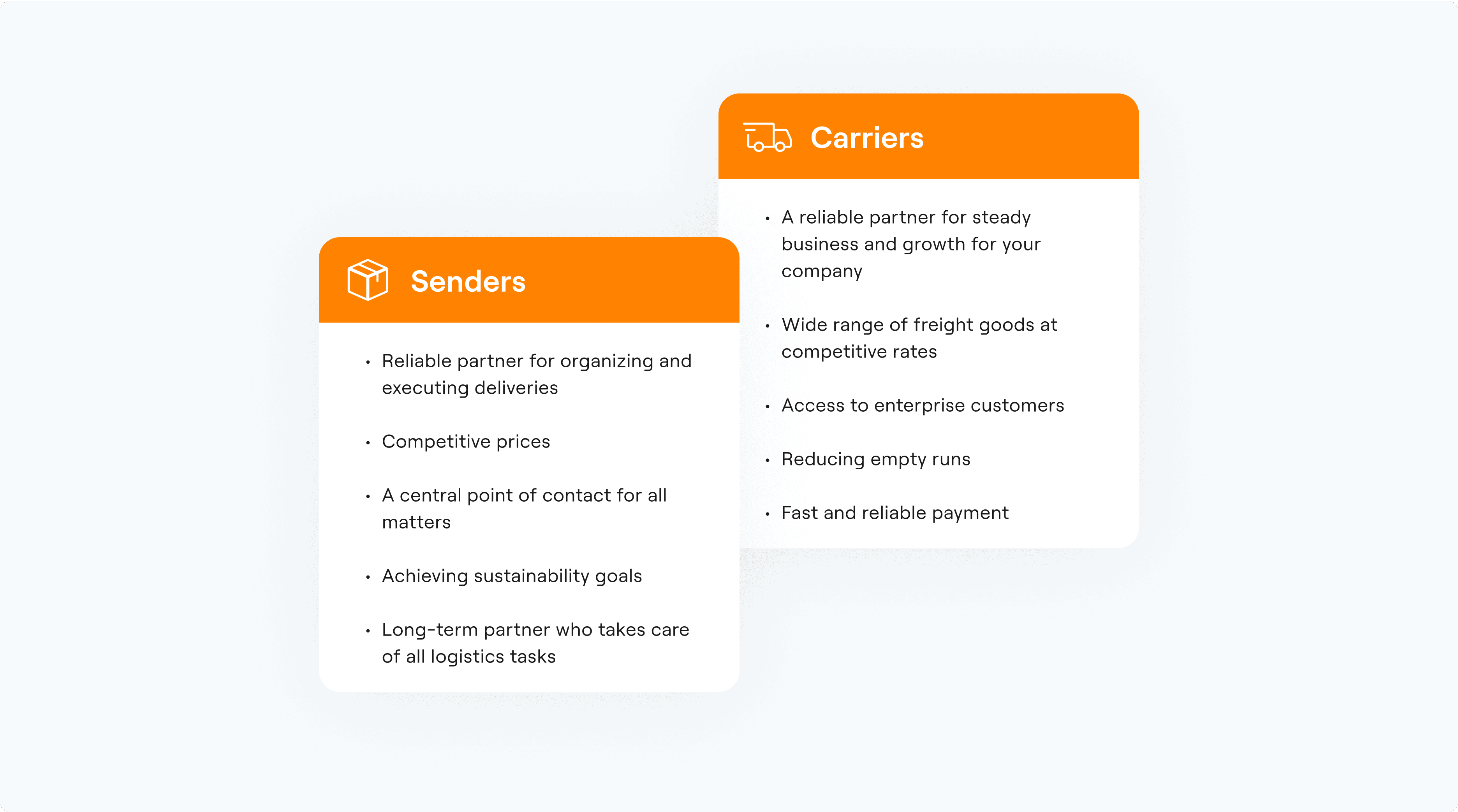 View of two maps for the platform's two main user groups – “shippers” and “carriers” – each with advantages such as reliability, price benefits, or fast payment.