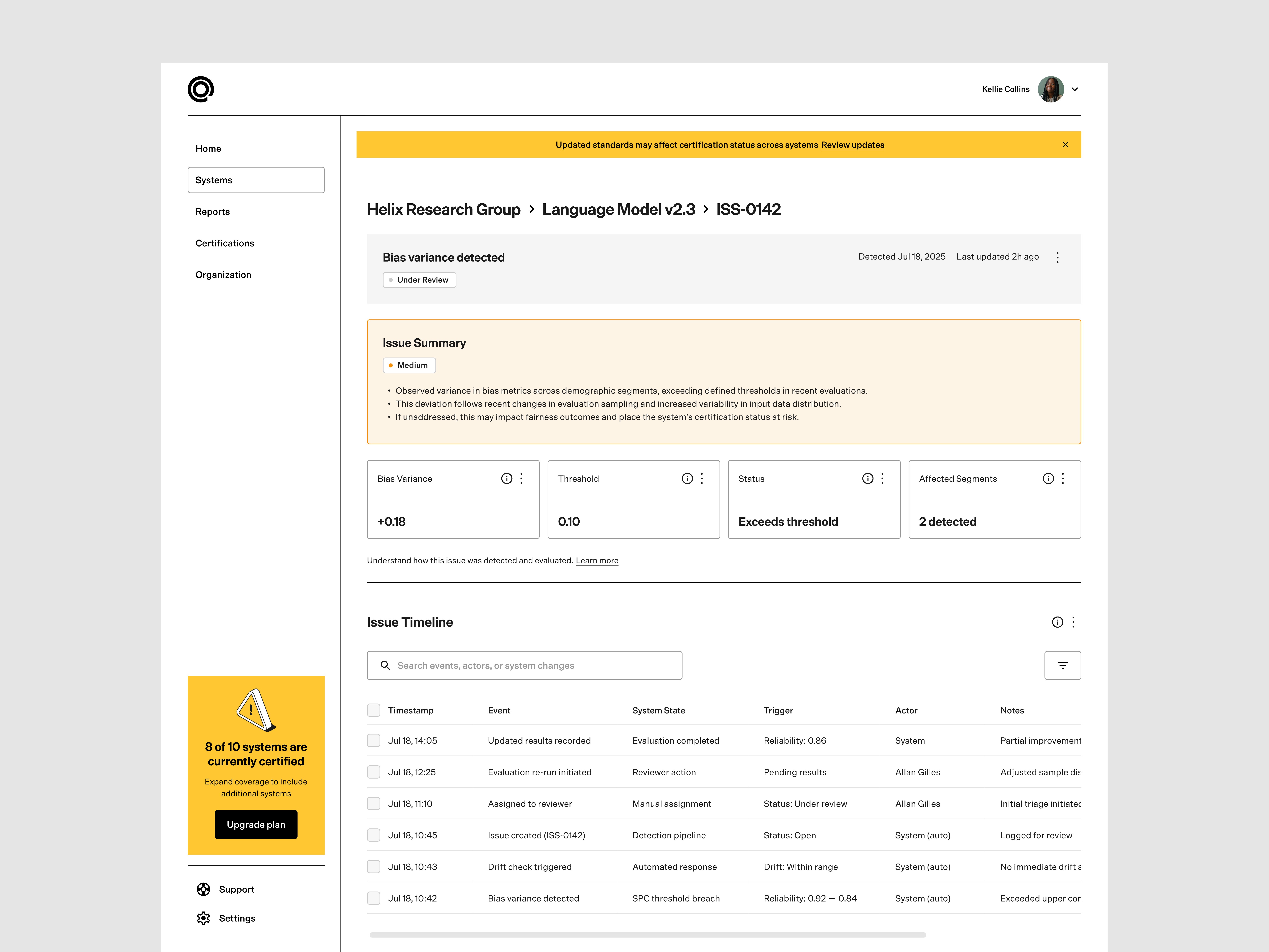 AIQCI issue management view tracking detected bias variance, assessment findings, and remediation activity.