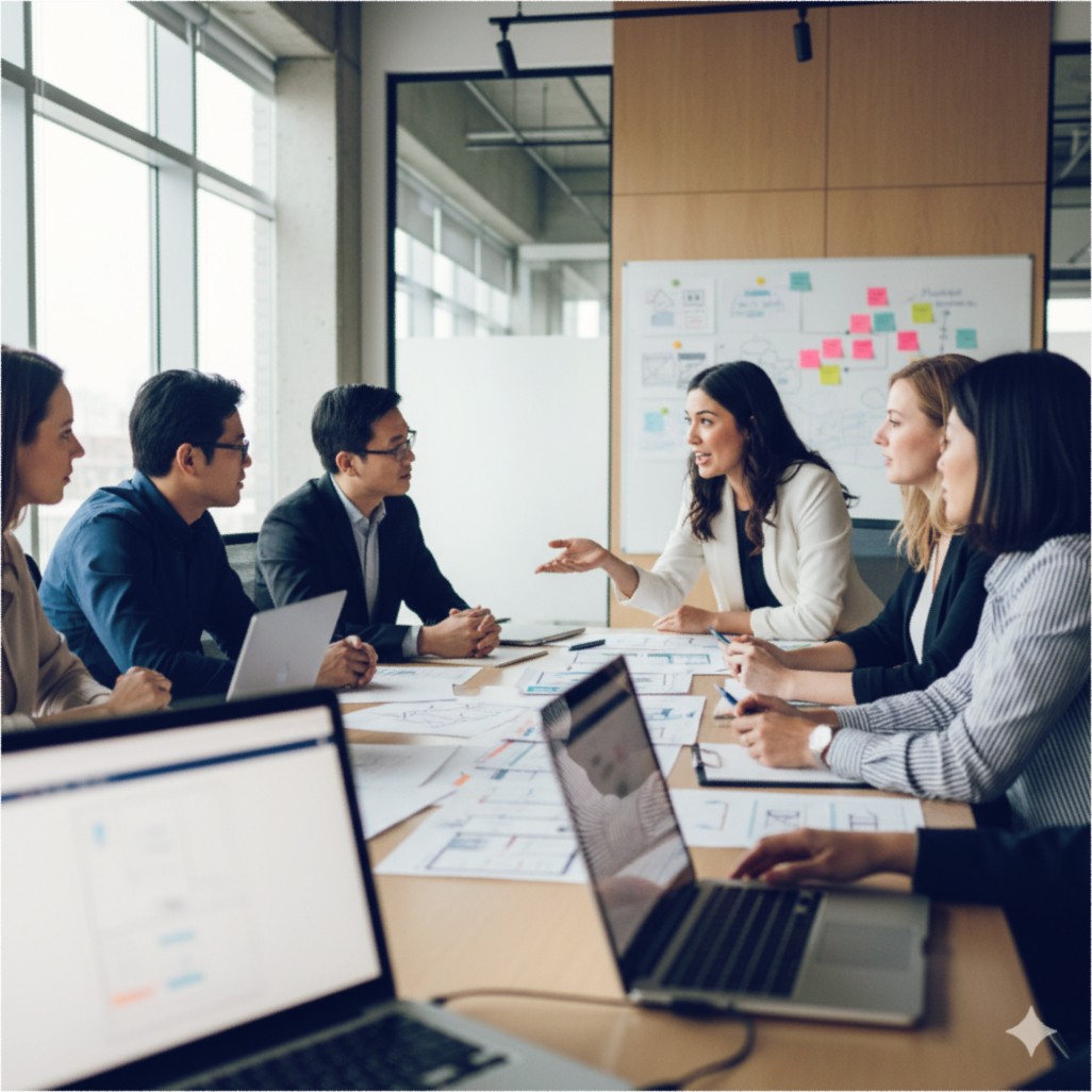 A professional in a light blue button-up shirt working at a desk with multiple financial reports and data visualizations. He is analyzing colorful pie charts and bar graphs spread across the desk while using a laptop. The office has large windows with a city view in the background.
