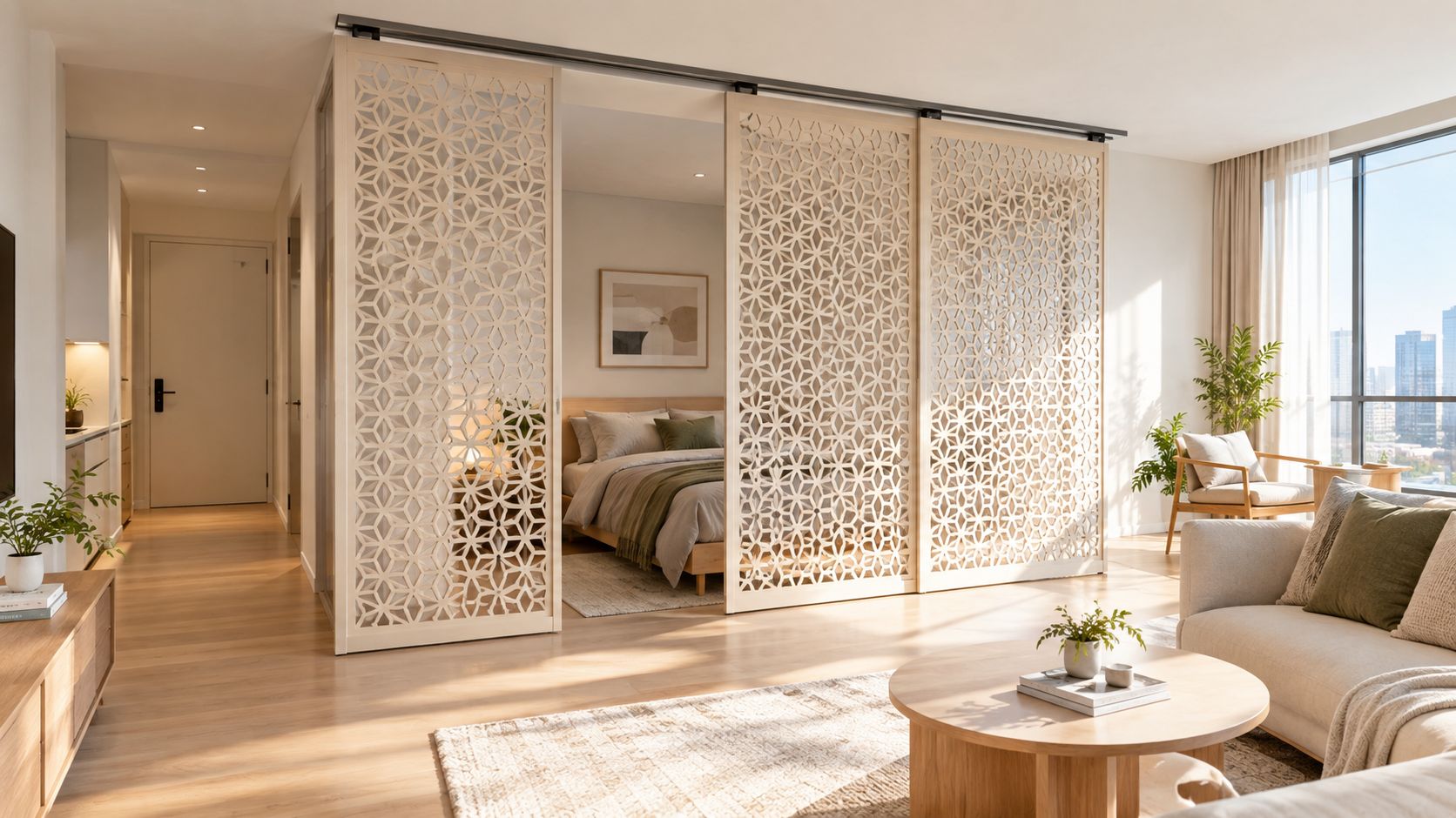 A modern apartment interior featuring elegant wooden jali partition screens that separate the bedroom from the living area.